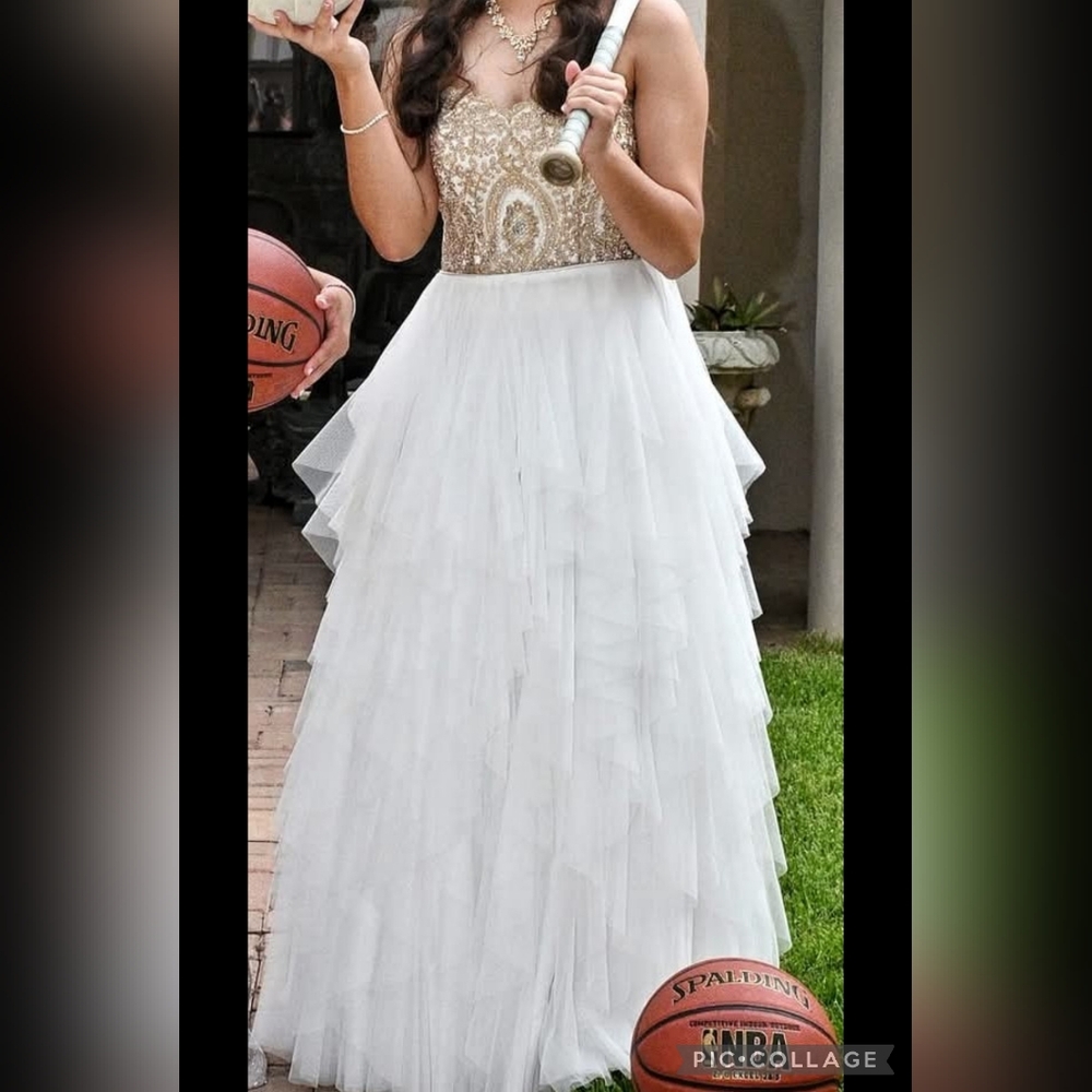 Elegant White and Gold Formal Dress